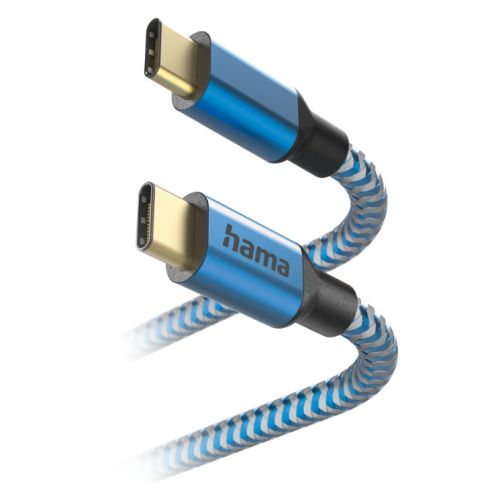 Hama Reflective USB-C to USB-C Quick Charging Cable, USB 2.0, Nylon Sheath, Gold-Plated, 1.5 Metre, Blue