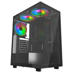 Vida Vetro Black ARGB Gaming Case w Glass Front & Side, ATX, 3x ARGB Fans, 6-Port PWM ARGB Fan Hub & Remote Control