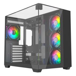 Vida Visio Black ARGB Gaming Cube Case w Glass Side, Front & Top, ATX, 4x ARGB Fans, 6-Port Fan Hub & Remote Control, USB-C, Asus BTF Compatible