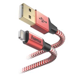 Hama_Reflective_Charging_USB-A_to_Lightning_Cable_480Mbps_Nylon_Sheath_Gold-Plated_1.5_Metre_Red