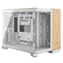 Corsair 2500X Dual Chamber Gaming Case w Glass Side & Front, Micro ATX, Mesh Panels, USB-C, Asus BTF Compatible, WhiteBamboo Wood