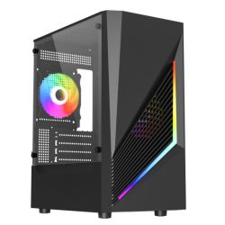 Vida Genesis Black ARGB Gaming Case w Glass Window, Micro ATX, 2x ARGB Fans, Front ARGB Strip