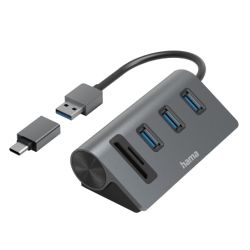 Hama External USB 3.2 Gen1 HubCard Reader, 3x USB-A, SD, microSD, USB Powered, USB-C Adapter