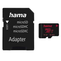 Hama 64GB MicroSDXC Card with SD Adapter, UHS-I Class 3, 80MBs