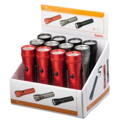 Hama FL-200 LED Torch x12 Multipack, 60 Lumen, Hand Strap, BlackGreyRed, Display Case